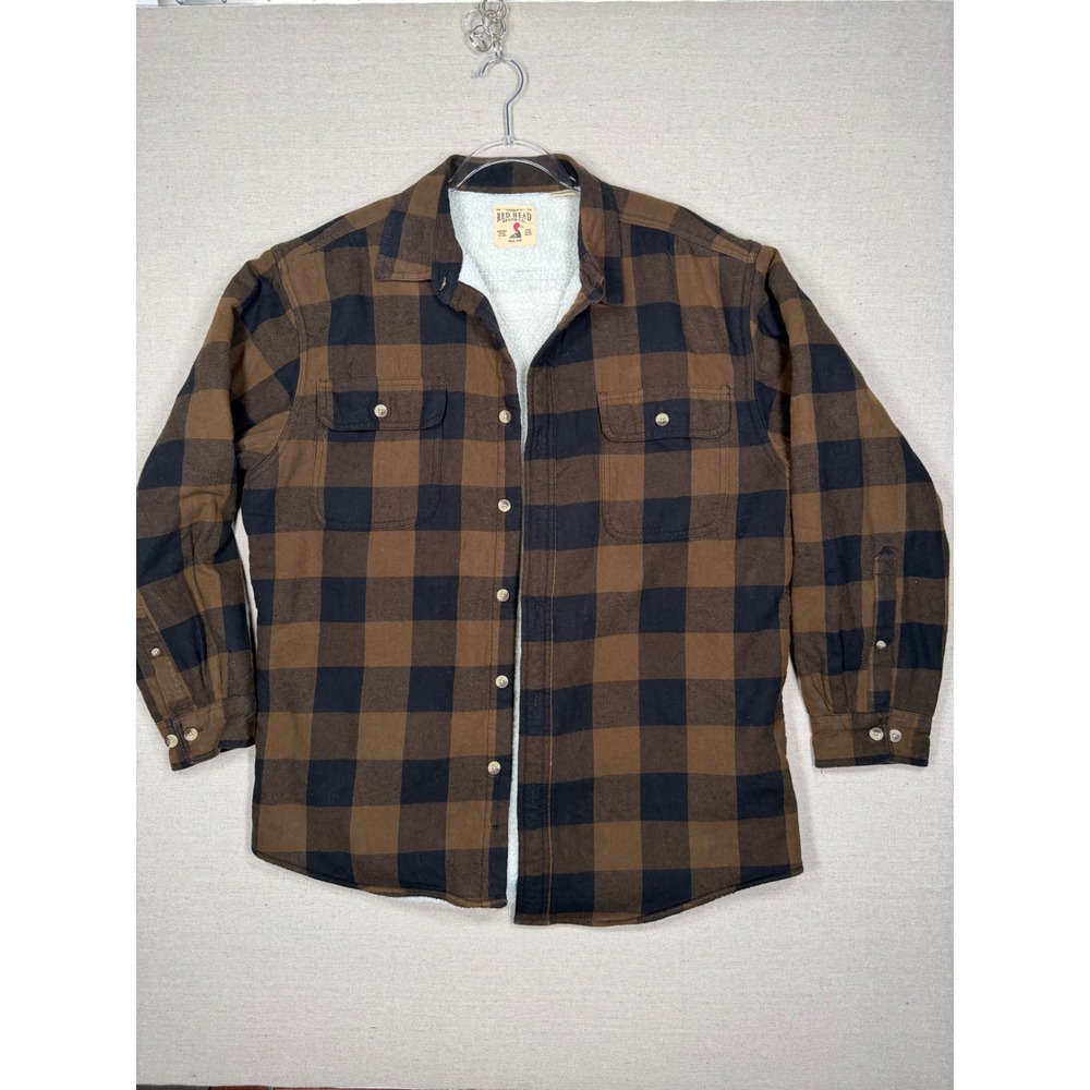 RedHead Mens Brown Black Plaid Sherpa Lined Flannel Shirt Jacket Size Large